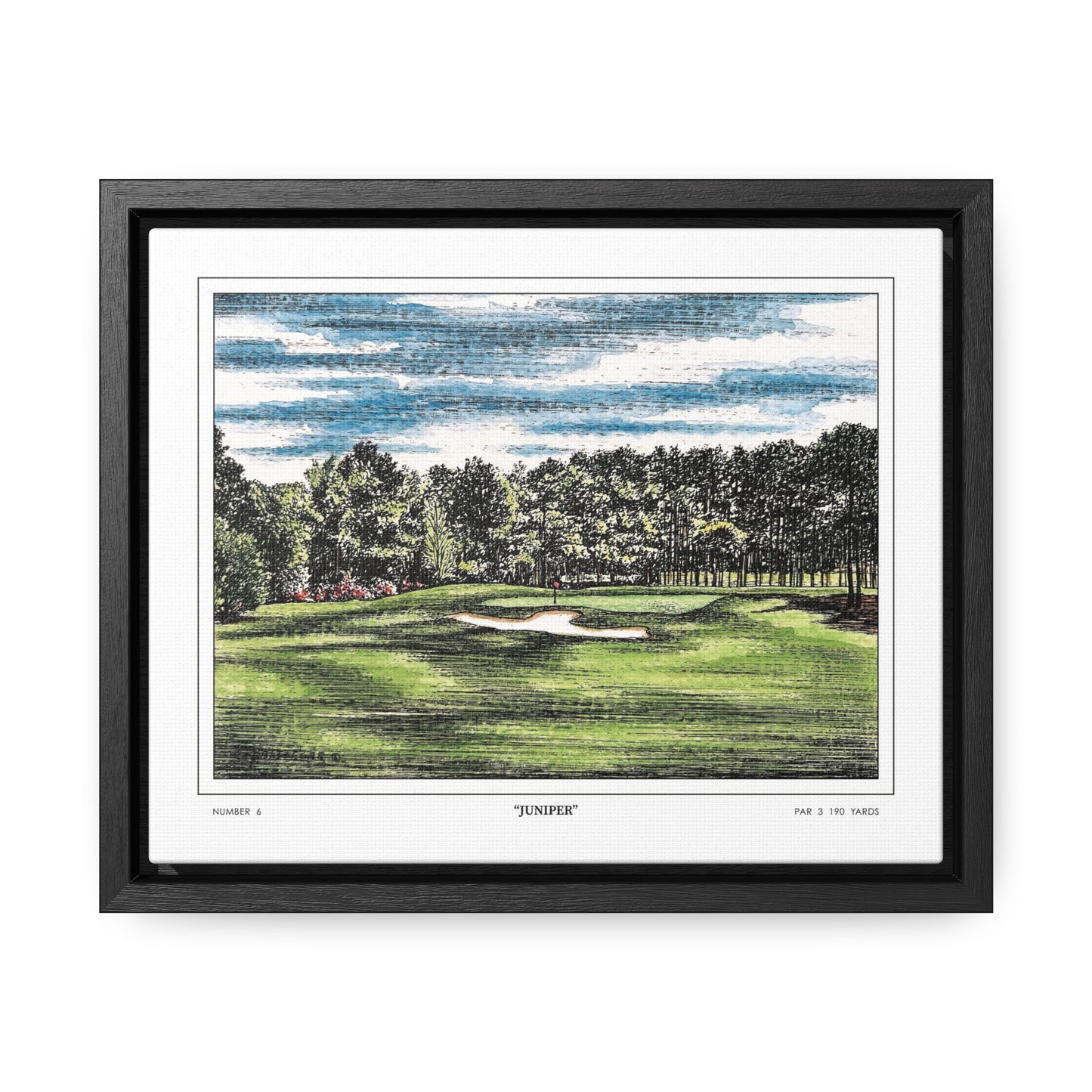 Juniper Augusta National Hole 6 Watercolor Painting | Original Masters Golf Art for Wall | Framed Horizontal Stretched Canvas Print