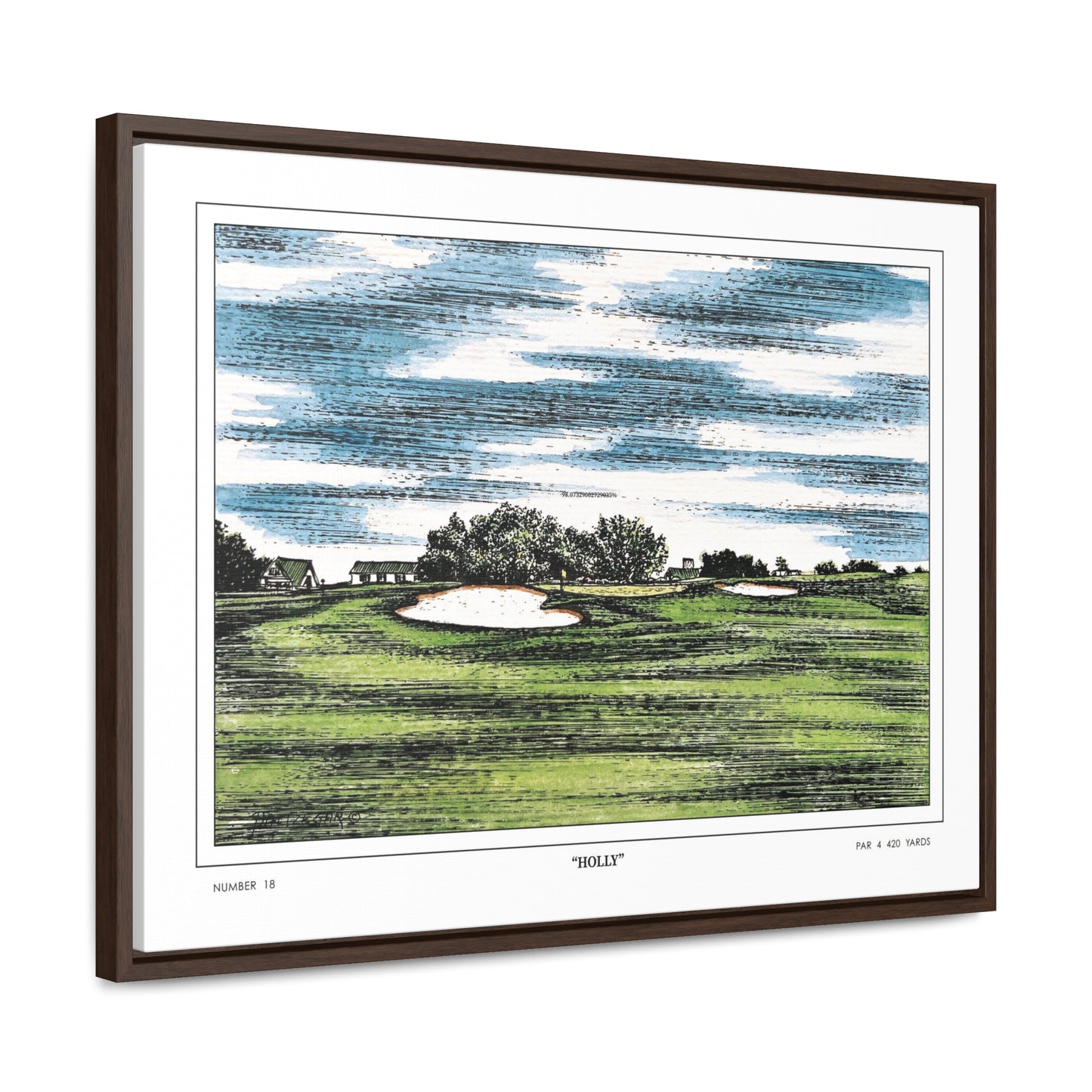 Holly Augusta National Hole 18 Watercolor Painting | Original Masters Golf Art for Wall | Framed Horizontal Stretched Canvas Print